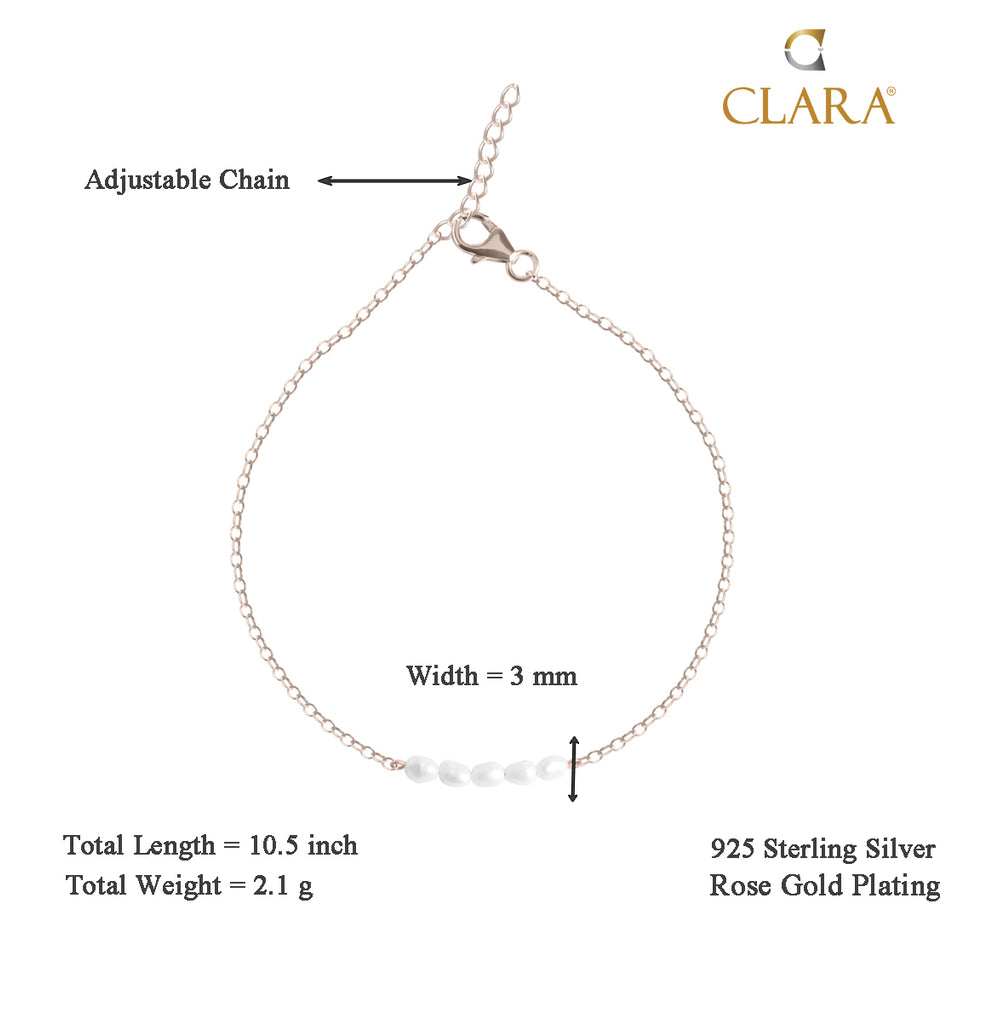 CLARA 925 Sterling Silver Pearl Anklet Payal ( Single ) Adjustable Chain, Rose Gold Plated Gift for Women and Girls