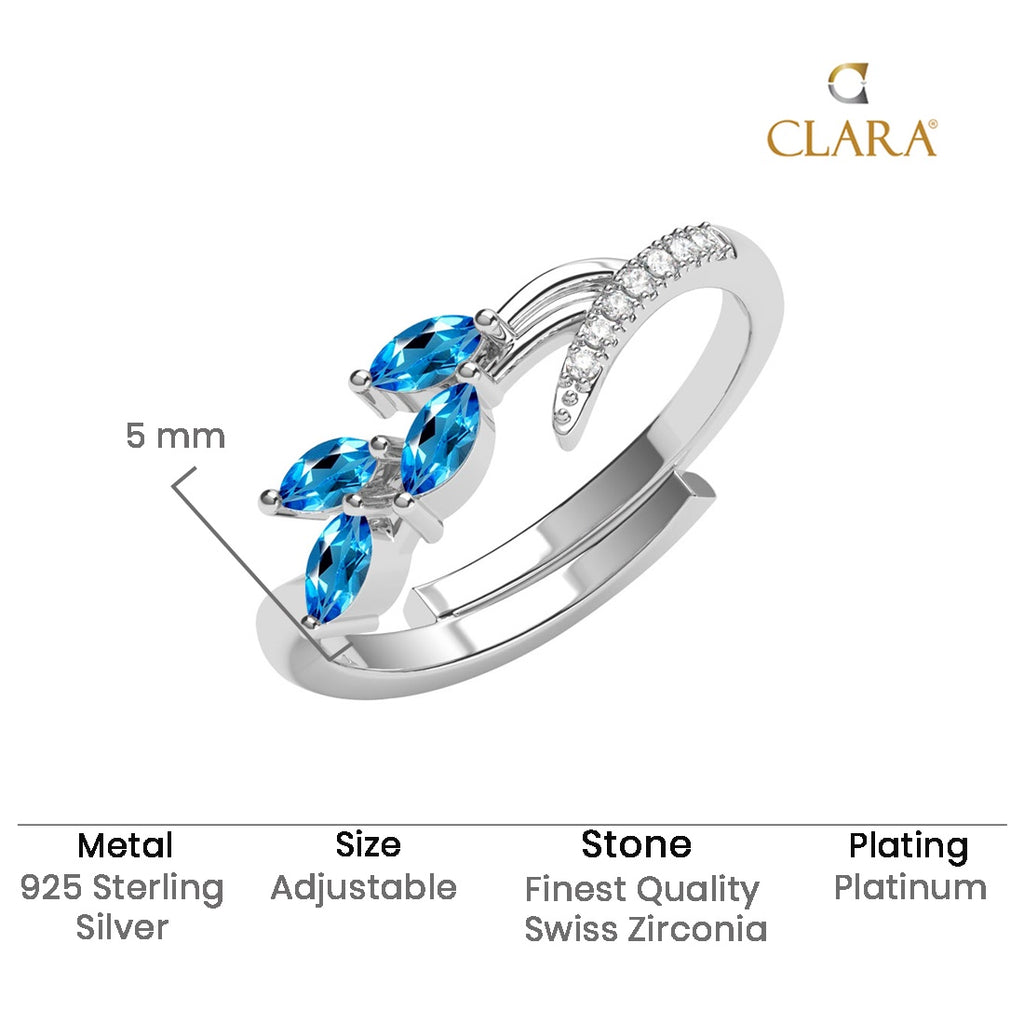 CLARA 925 Sterling Silver Size Adjustable Tonje Curved Blue Leaf Ring