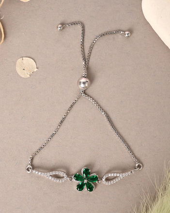CLARA 925 Pure Silver Green Flower Hand Bracelet