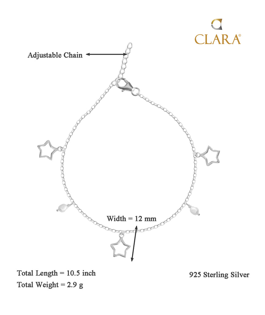 CLARA 925 Sterling Silver Star & Pearl Anklet Payal ( Single ) Adjustable Chain Gift for Women and Girls