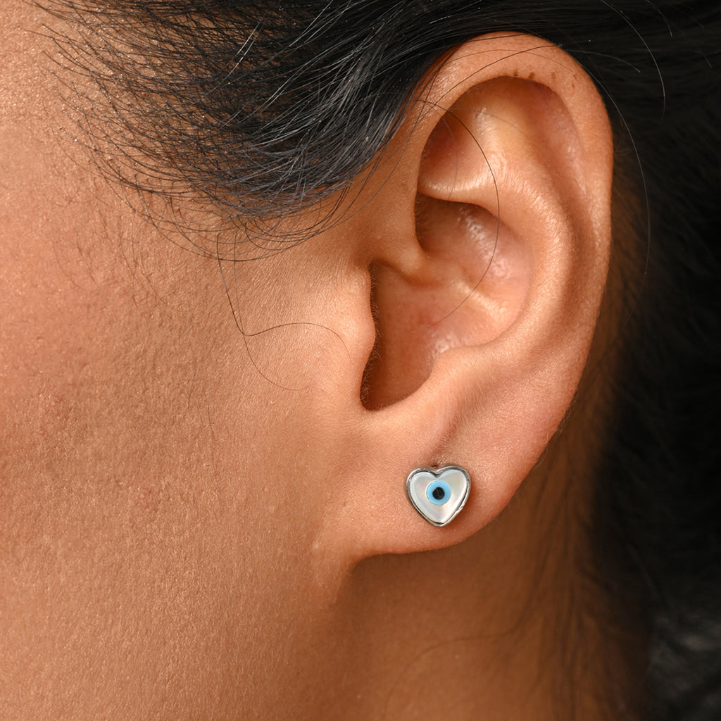 Silver Heart Evil Eye Studs Earrings1