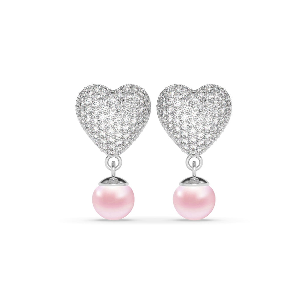 Silver Nazy Pink Pearl Heart Drop Earrings