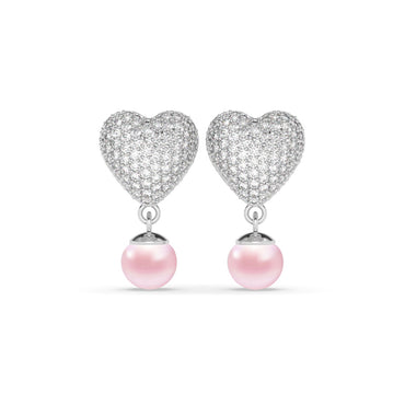 Silver Nazy Pink Pearl Heart Drop Earrings