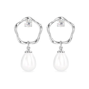 CLARA 925 Sterling Silver Pearl Sara Earrings | Rhodium Plated, Swiss Zirconia , Screw Back | Gift for Women & Girls