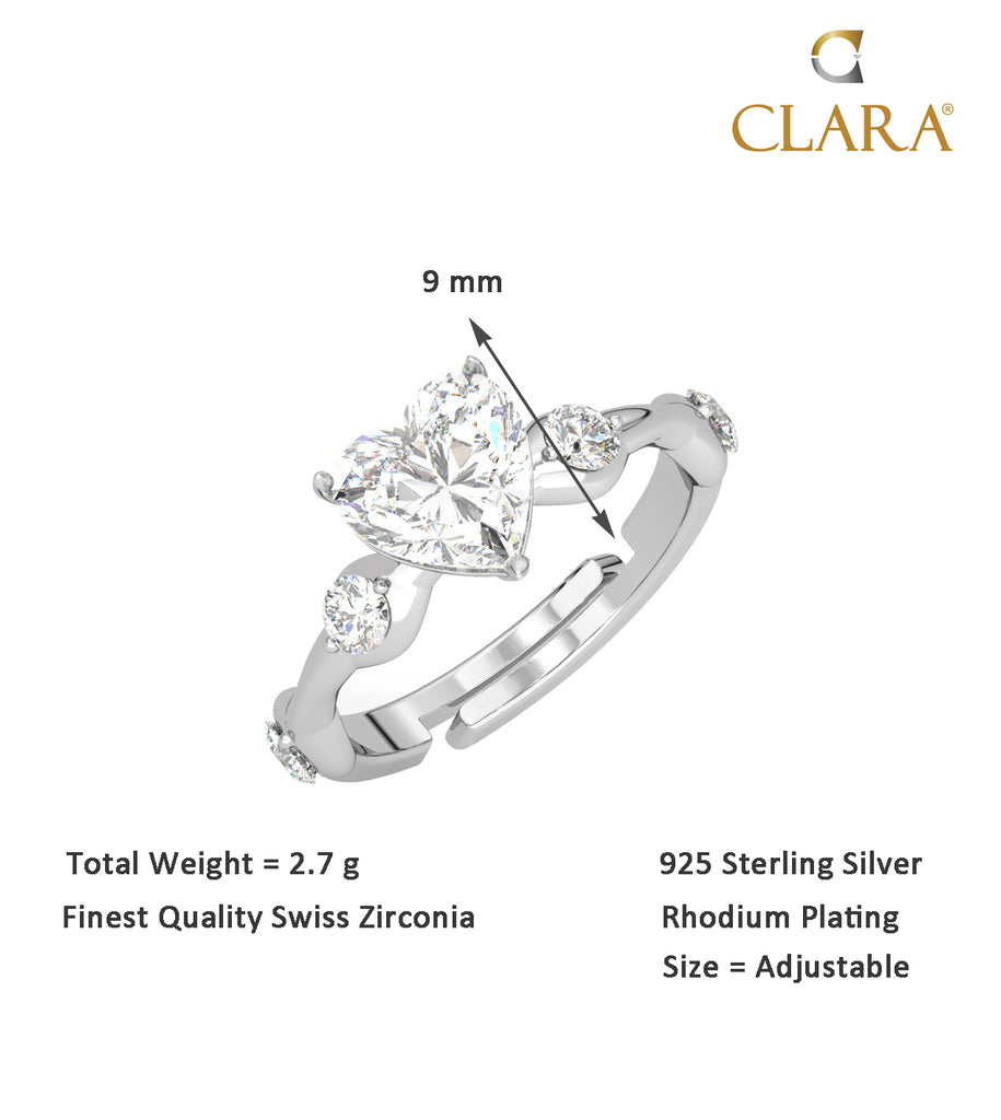 CLARA Pure 925 Sterling Silver Heart Engagement Finger Ring with Adjustable Band 