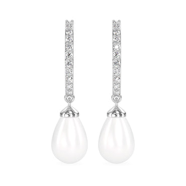 CLARA 925 Sterling Silver Classic Pearl Earrings | Rhodium Plated, Swiss Zirconia , Screw Back | Gift for Women & Girls