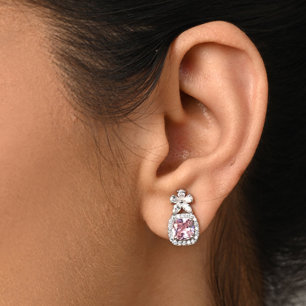 Silver Nera Pink Cushion Solitaire Dangle Drop Earrings