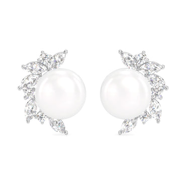 CLARA 925 Sterling Silver Real Pearl Stud Aoi Earrings | Rhodium Plated, Swiss Zirconia , Screw Back | Gift for Women & Girls