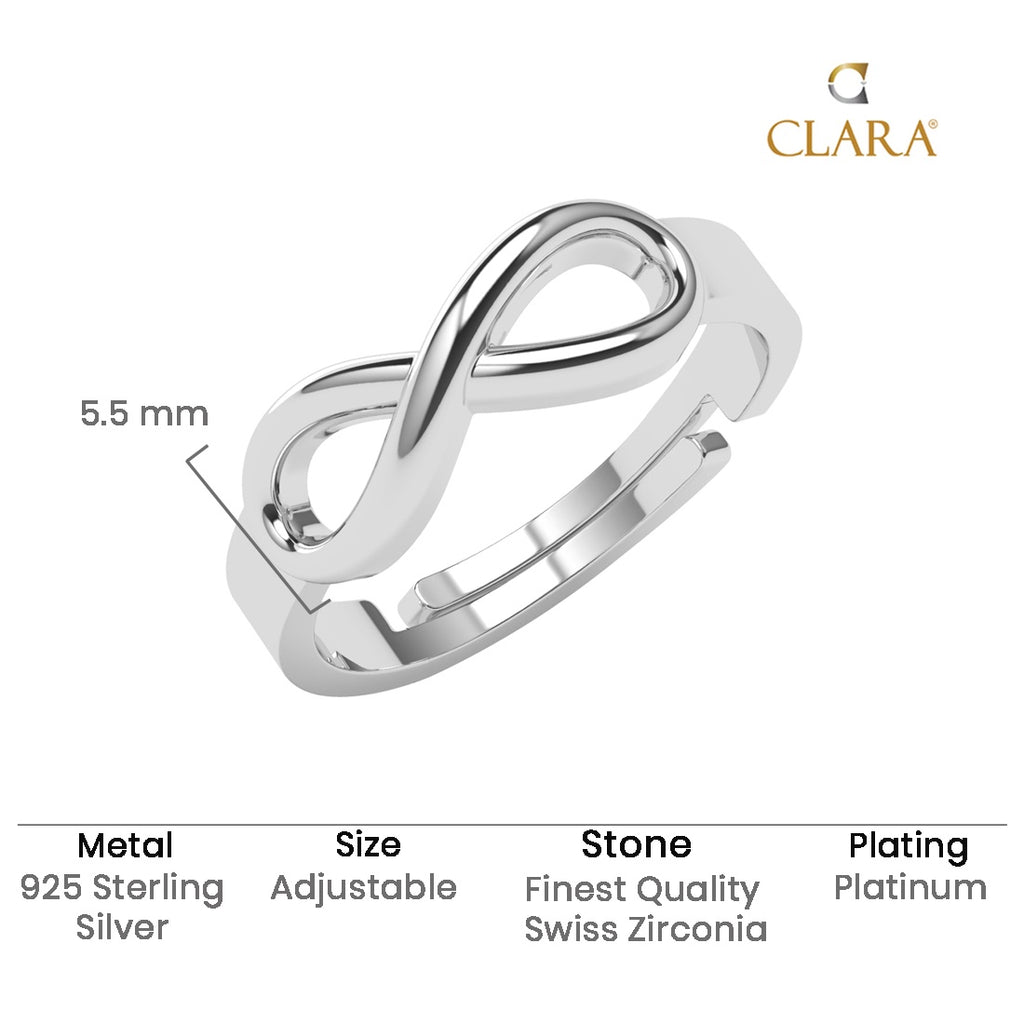 CLARA 925 Sterling Silver Size Adjustable Eve Infinity Love Daily Wear Ring | Platinum Plated