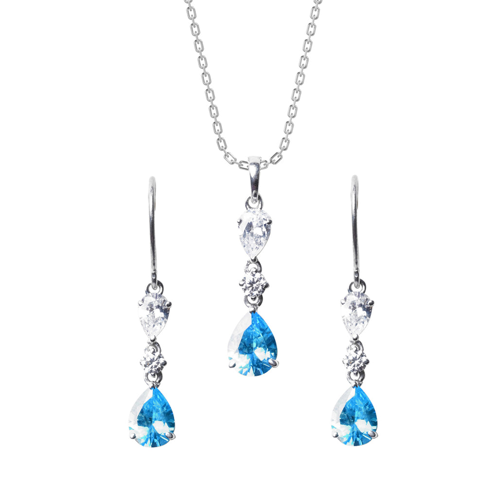 CLARA 925 Sterling Silver Pear Solitaire Pendant Earring Chain Jewellery Set 