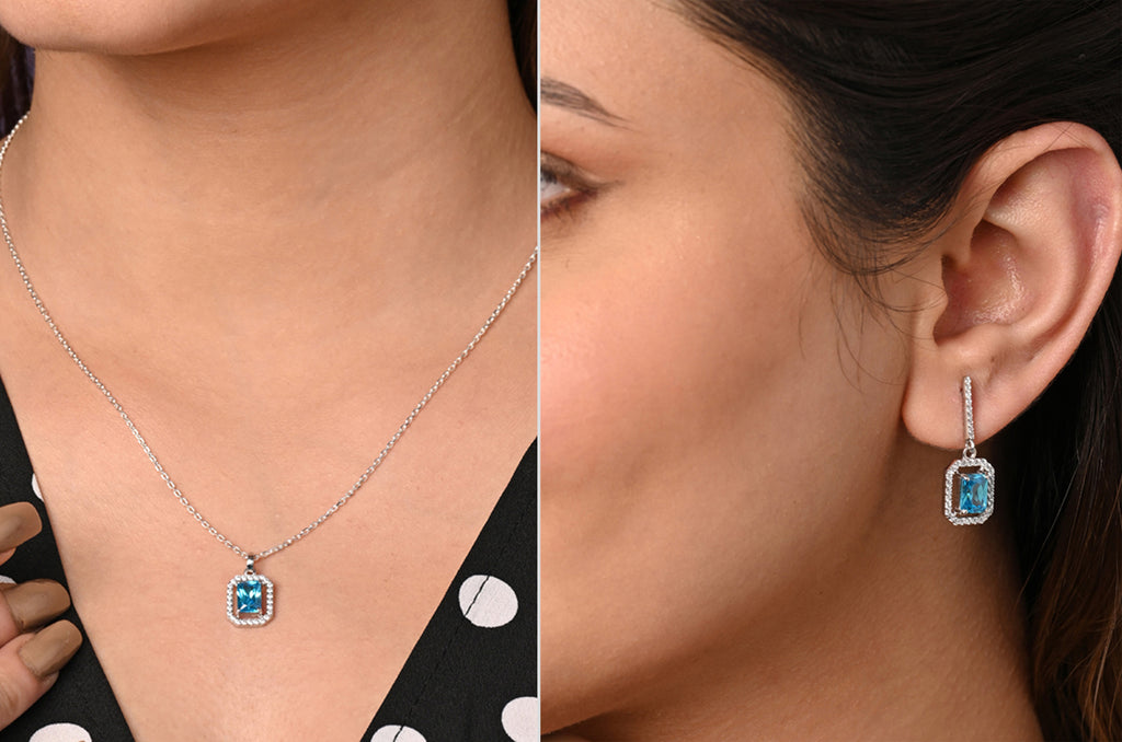 CLARA 925 Sterling Silver Azul Pendant Earring Chain Jewellery Set 
