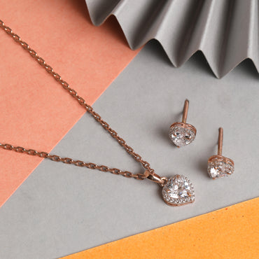 CLARA 925 Sterling Silver Heart Solitaire Pendant Earring Chain Jewellery Set 