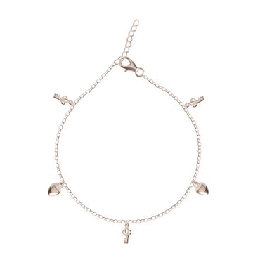 CLARA 925 Sterling Silver Heart & Key Anklet Payal ( Single ) Adjustable Chain, Rose Gold Plated Gift for Women and Girls