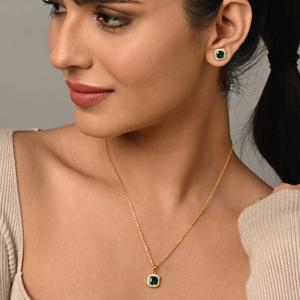 Silver Amati Green Solitaire Jewellery Set