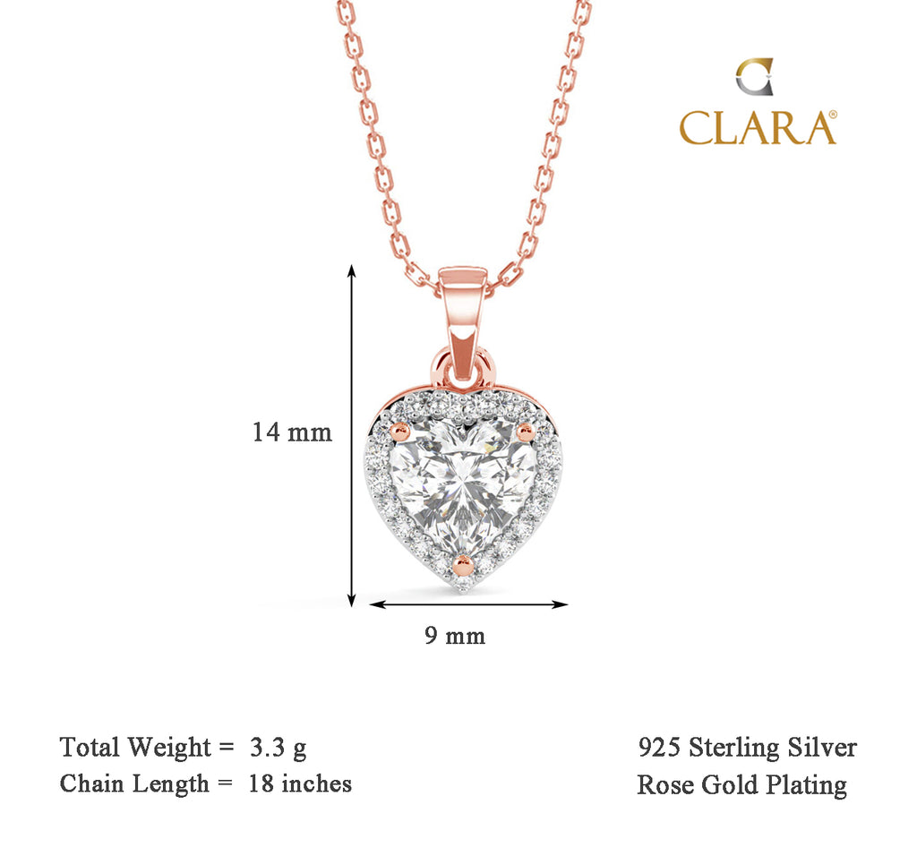 CLARA 925 Sterling Silver Heart Solitaire Pendant Chain Necklace 
