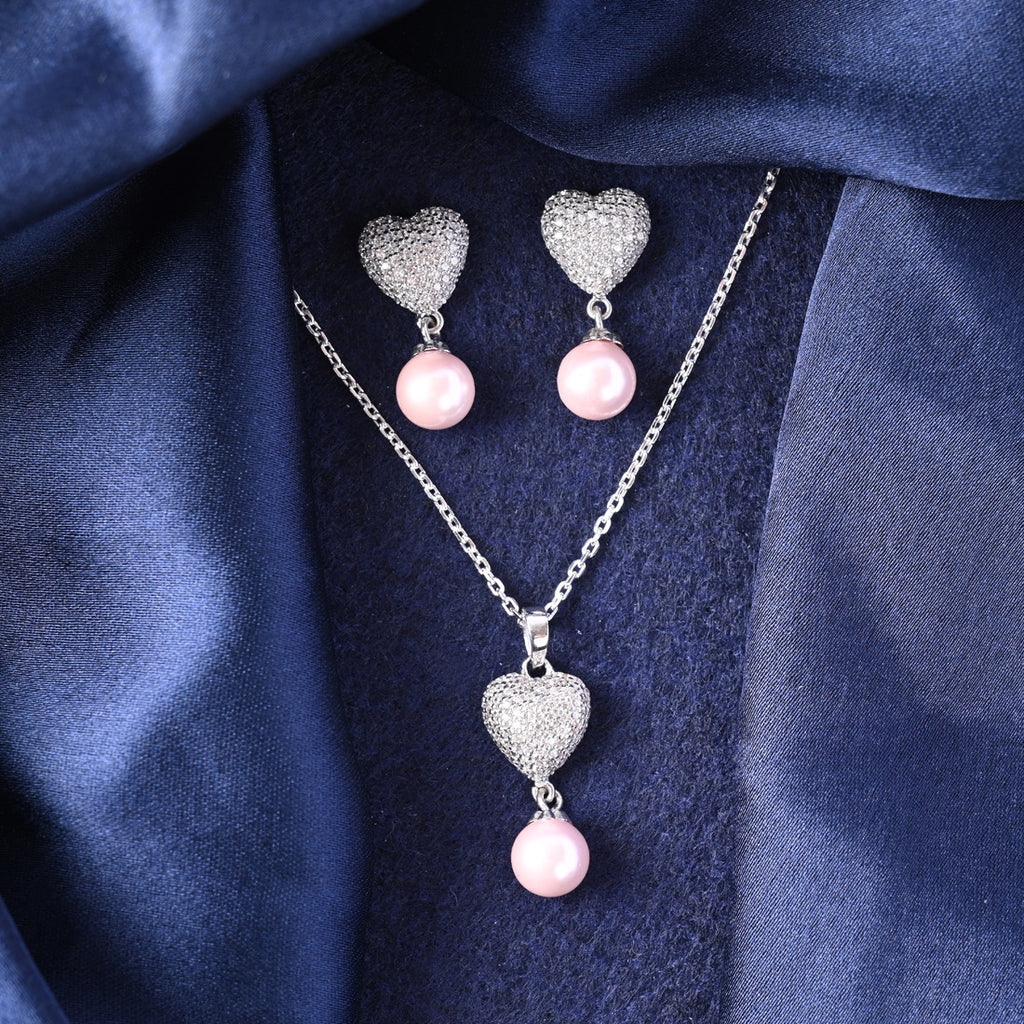 Silver Nazy Pink Pearl Heart Jewellery Set