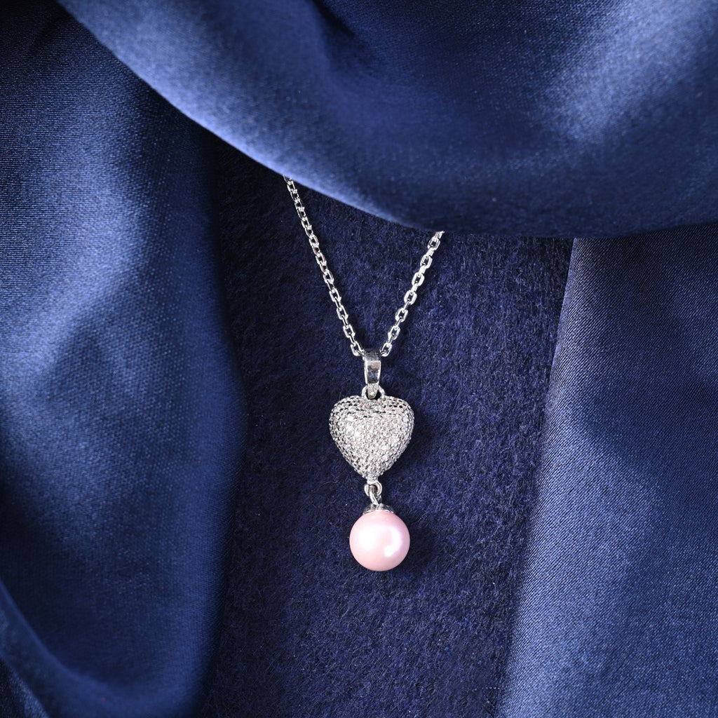 Silver Nazy Pink Pearl Heart Pendant Chain