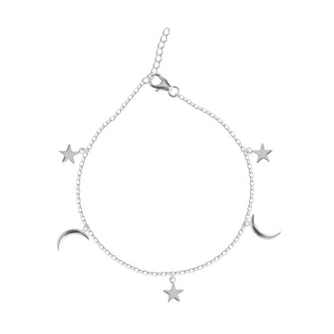CLARA 925 Sterling Silver Moon & Star Anklet Payal ( Single ) Adjustable Chain Gift for Women and Girls