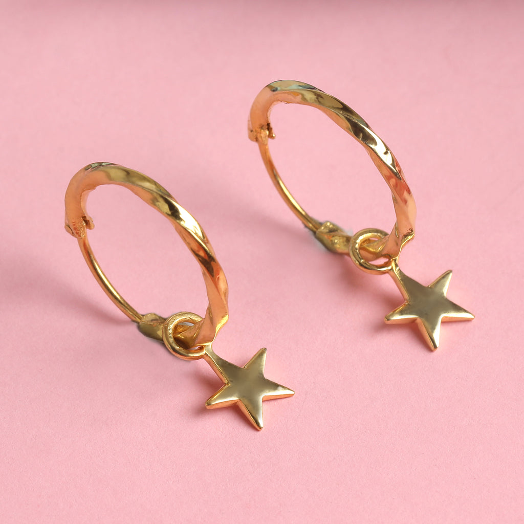 CLARA 925 Sterling Silver Star Hoop Drop Earring Gold Plated Gift for Women & Girls