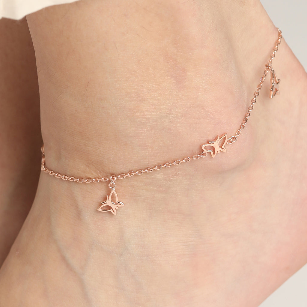 CLARA 925 Sterling Silver Butterfly Anklet Payal ( Single ) Adjustable Chain, Rose Gold Plated Gift for Women and Girls