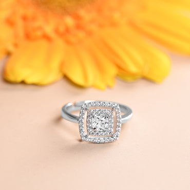 CLARA 925 Sterling Silver Size Adjustable Luna Cushion Cut Halo Ring 