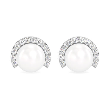 CLARA 925 Sterling Silver Real Pearl Stud Riko Earrings | Rhodium Plated, Swiss Zirconia , Screw Back | Gift for Women & Girls