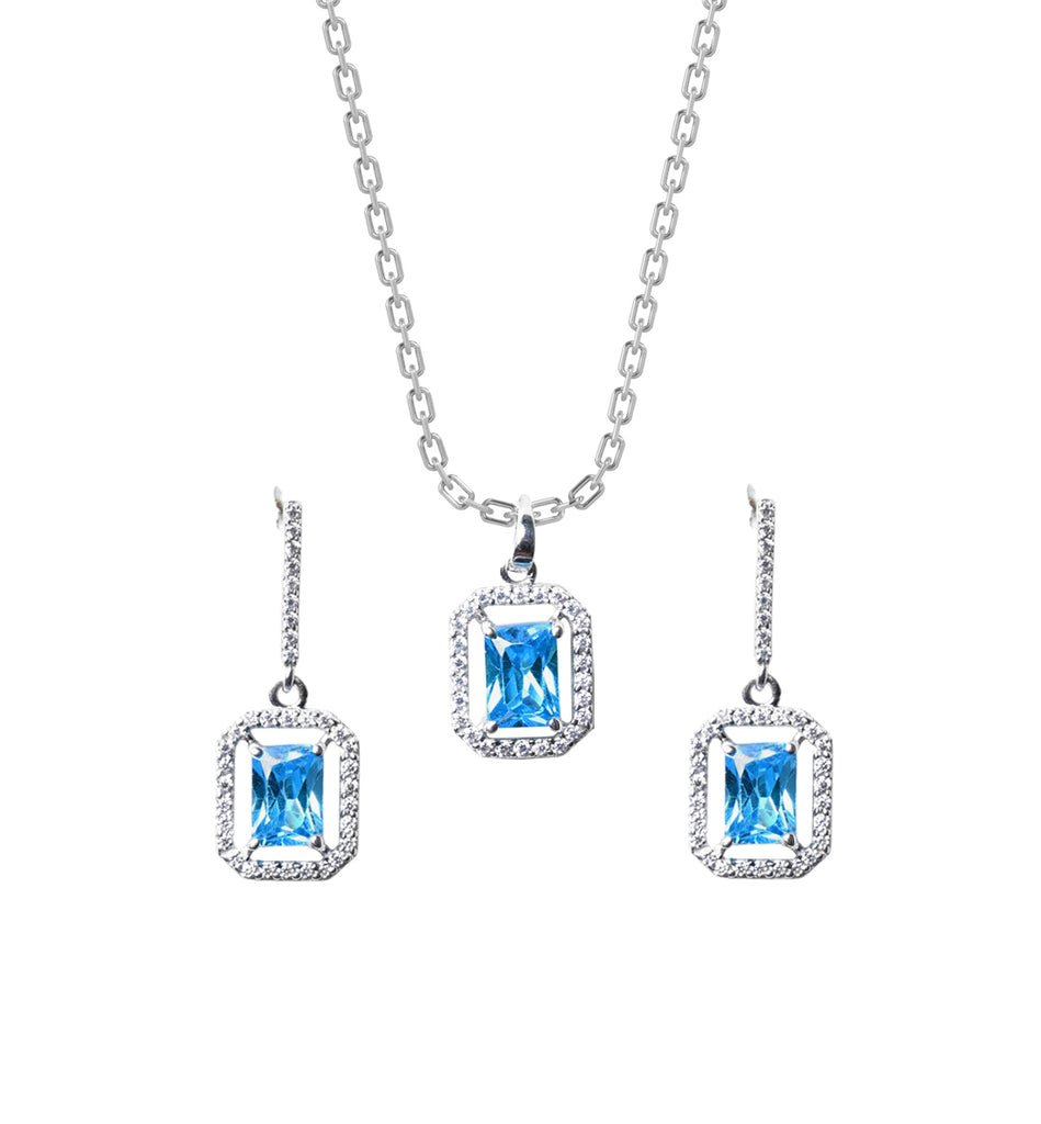 CLARA 925 Sterling Silver Azul Pendant Earring Chain Jewellery Set 