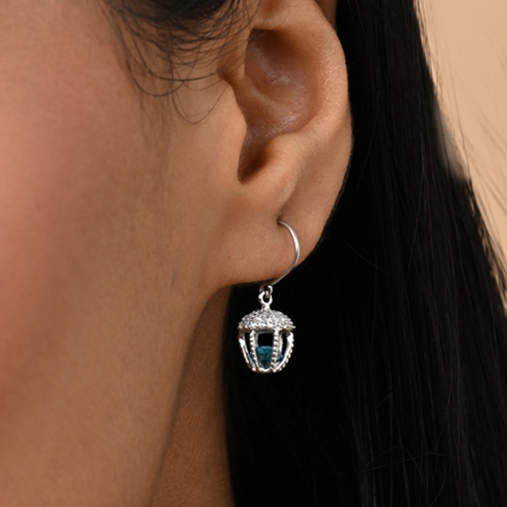 Silver Acorn Blue Solitaire Dangler Earrings