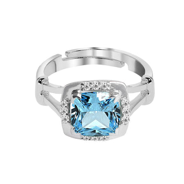 CLARA 925 Sterling Silver Sky Blue Cushion Ring with Adjustable Band | Rhodium Plated, Swiss Zirconia | Gift for Women & Girls