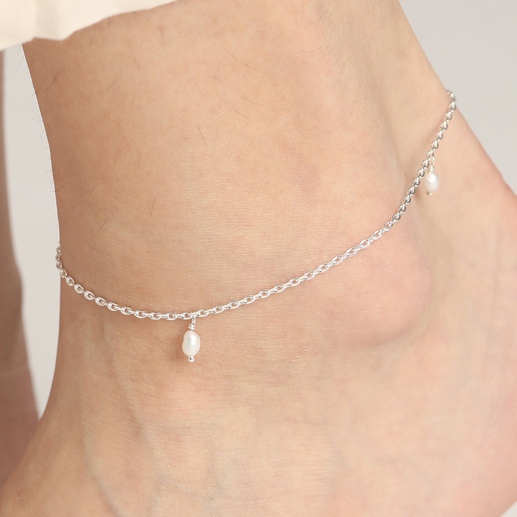 CLARA 925 Sterling Silver Dainty Pearl Anklet Payal ( Single ) Adjustable Chain Gift for Women and Girls