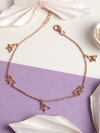 CLARA 925 Sterling Silver Butterfly Anklet Payal ( Single ) Adjustable Chain, Rose Gold Plated Gift for Women and Girls