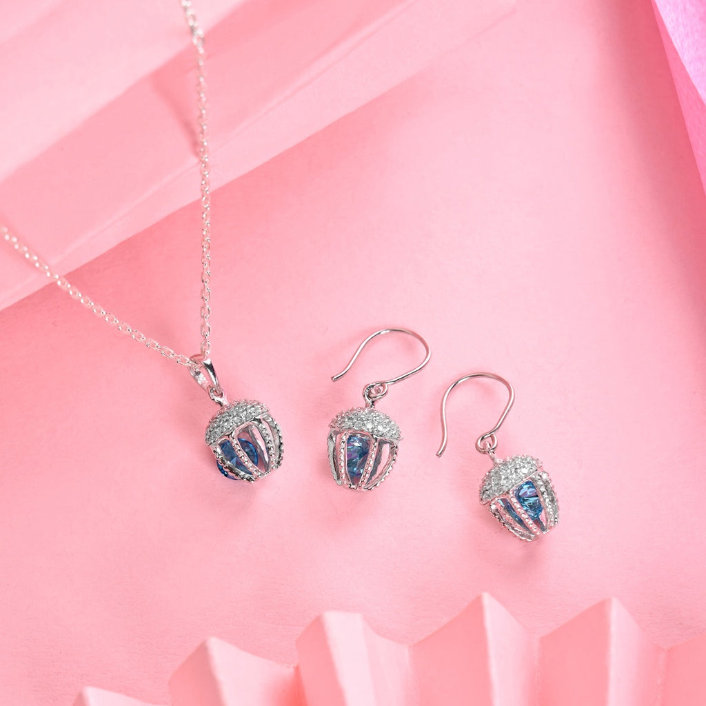 Silver Acorn Blue Solitaire Jewellery Set