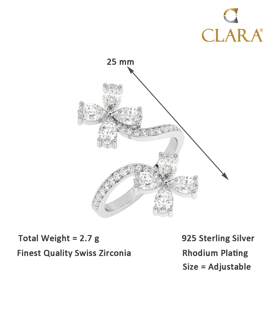 CLARA Pure 925 Sterling Silver Flower Finger Ring with Adjustable Band 