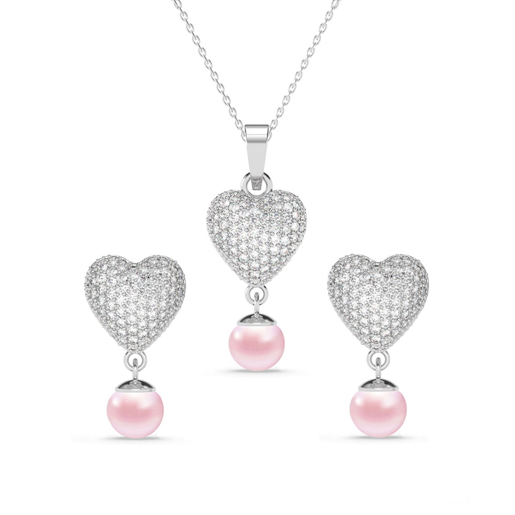 Silver Nazy Pink Pearl Heart Jewellery Set