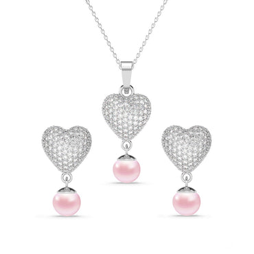 Silver Nazy Pink Pearl Heart Jewellery Set