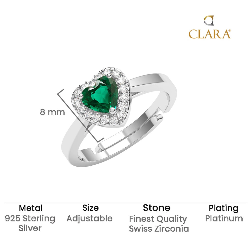 CLARA 925 Sterling Silver Size Adjustable Grethe Green Heart Solitaire Ring