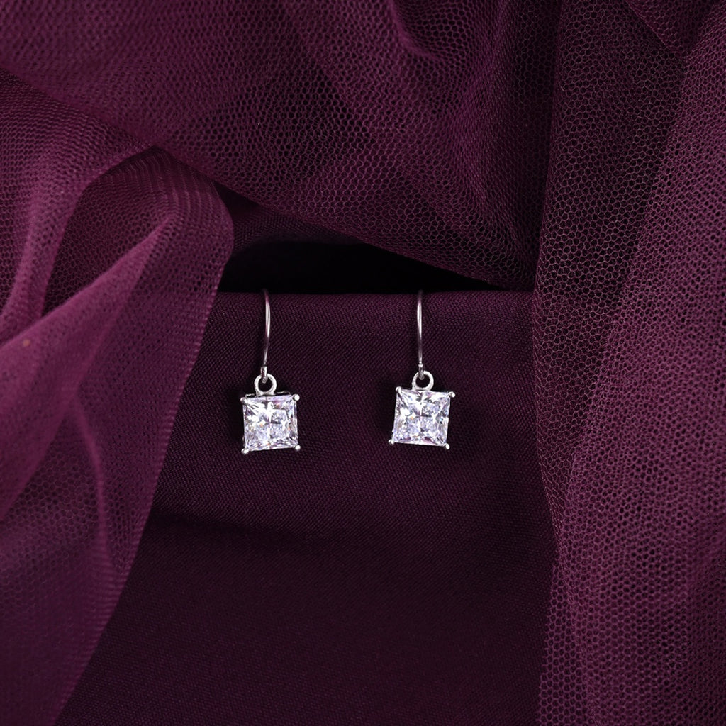 Silver Russo Square Solitaire Dangle Drop Earrings