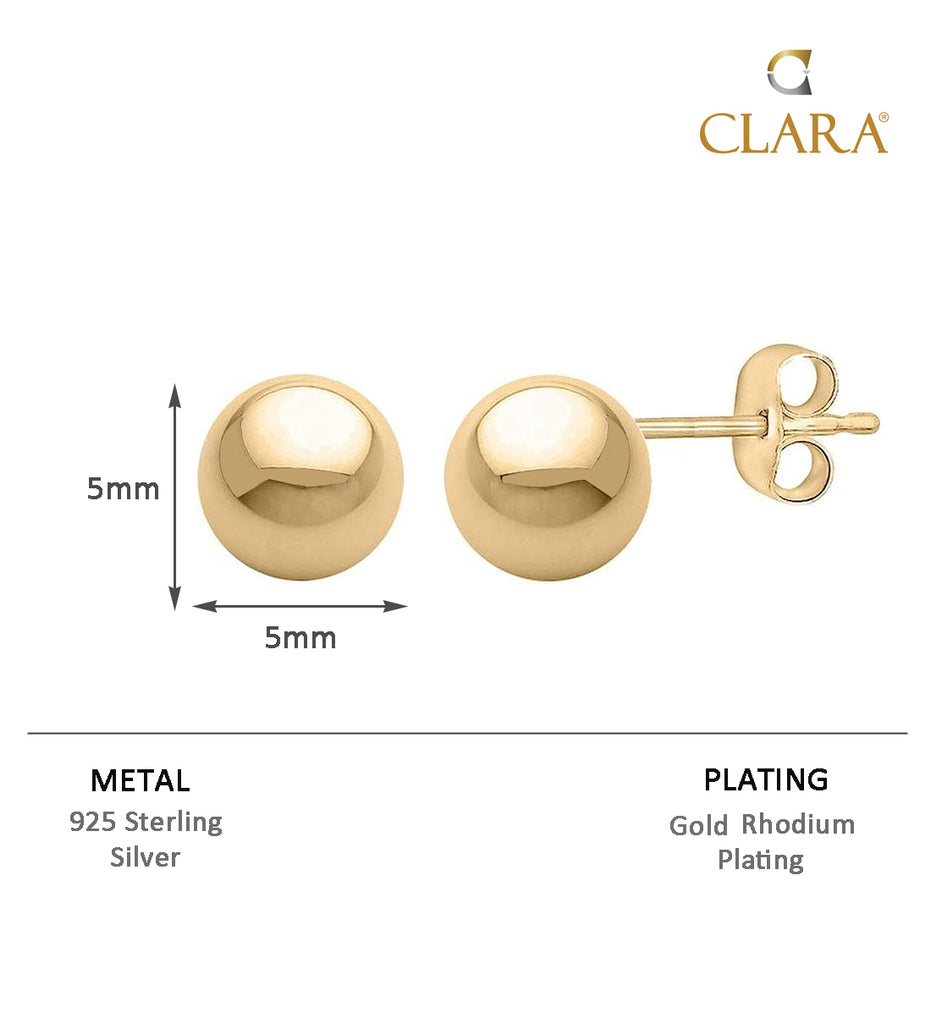 CLARA 925 Sterling Silver Golden Ball Studs Earrings Gift for Kids Girls 