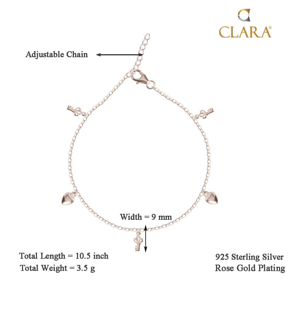 CLARA 925 Sterling Silver Heart & Key Anklet Payal ( Single ) Adjustable Chain, Rose Gold Plated Gift for Women and Girls