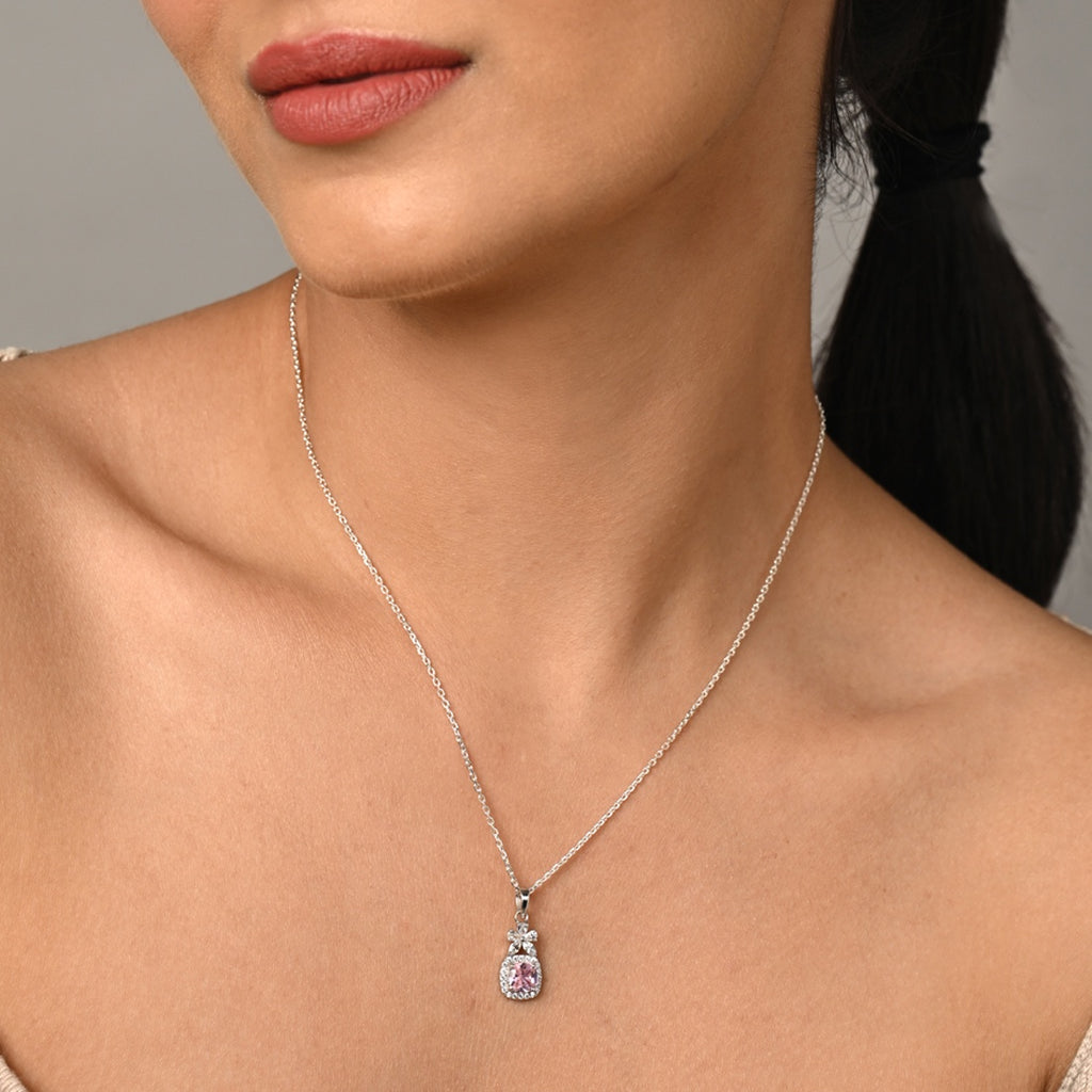 Silver Nera Pink Cushion Solitaire Pendant Chain