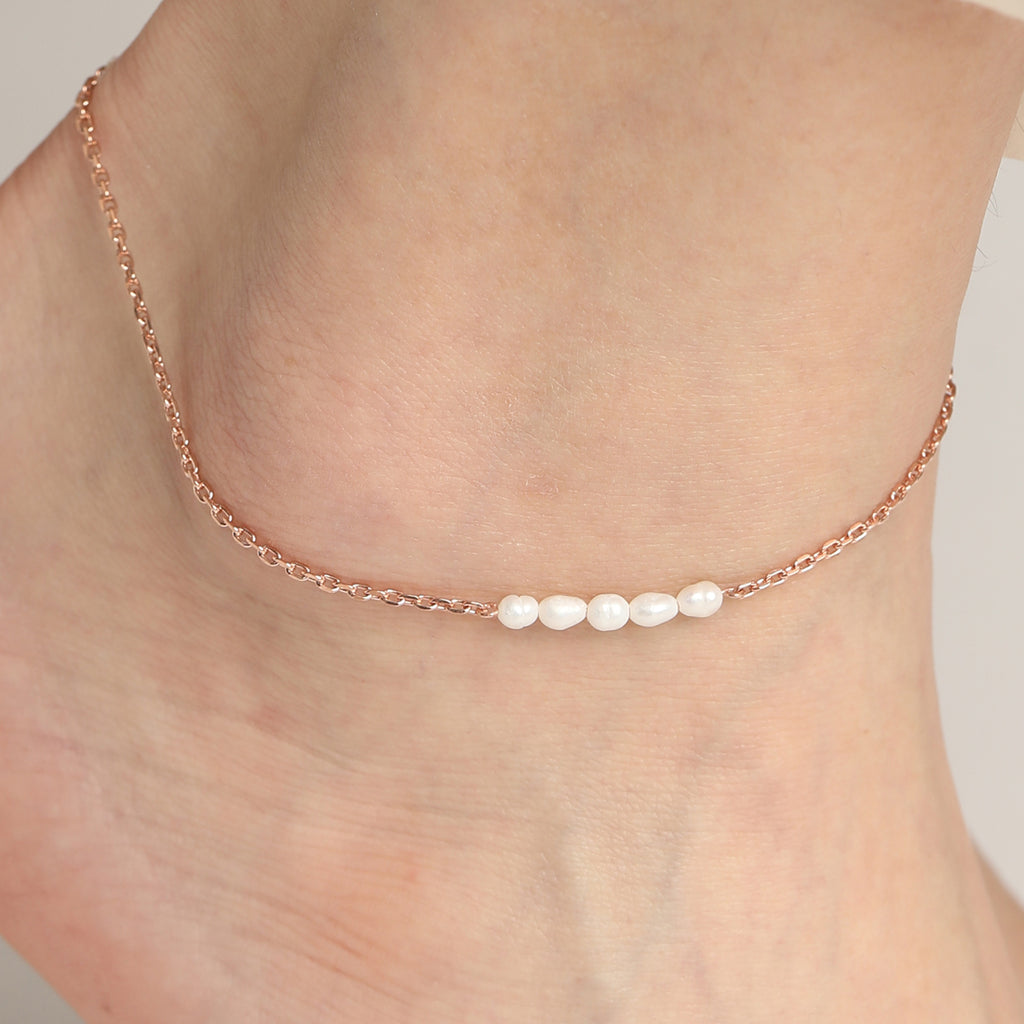 CLARA 925 Sterling Silver Pearl Anklet Payal ( Single ) Adjustable Chain, Rose Gold Plated Gift for Women and Girls