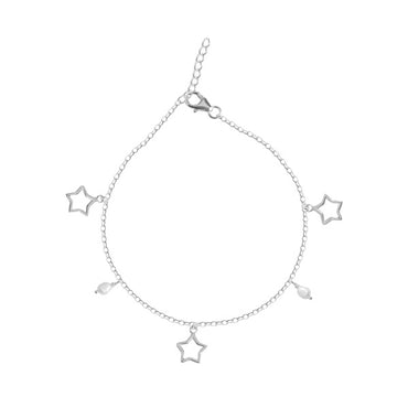CLARA 925 Sterling Silver Star & Pearl Anklet Payal ( Single ) Adjustable Chain Gift for Women and Girls