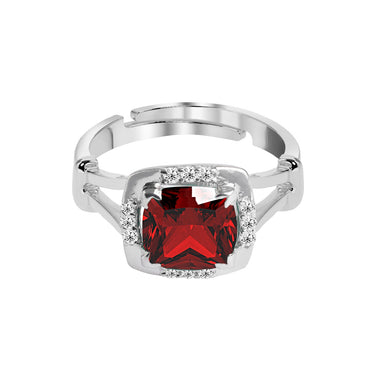 CLARA 925 Sterling Silver Blood Red Cushion Ring with Adjustable Band | Rhodium Plated, Swiss Zirconia | Gift for Women & Girls