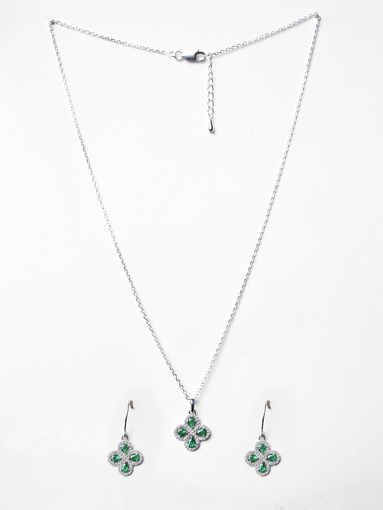 CLARA 925 Sterling Silver Green Flower Pendant Earring Chain Jewellery Set 