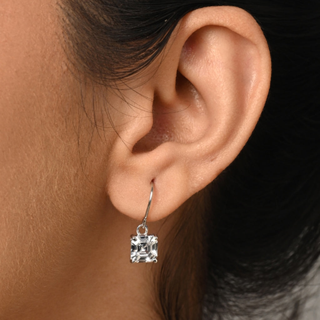 Silver Asscher Solitaire Dangle Drop Earrings