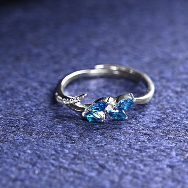 CLARA 925 Sterling Silver Size Adjustable Tonje Curved Blue Leaf Ring 