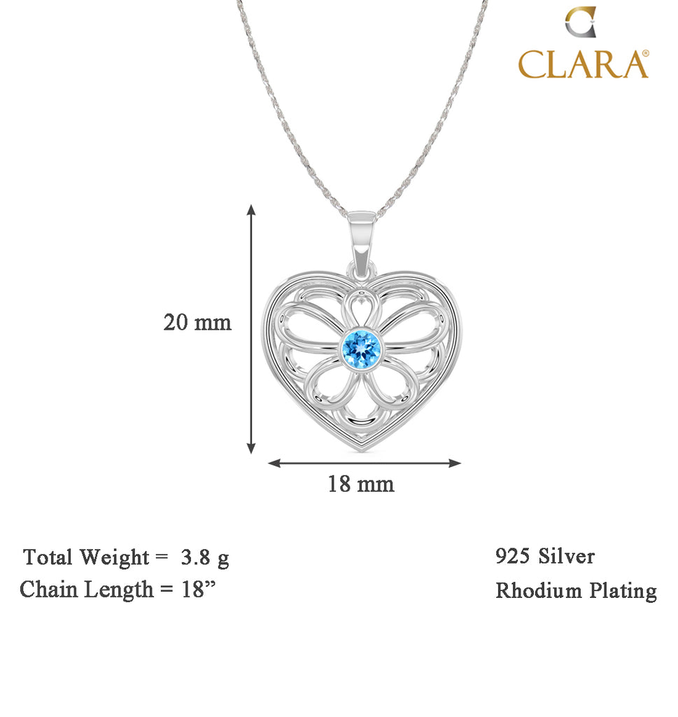 CLARA 925 Sterling Silver Blue Heart Pendant Chain Necklace 