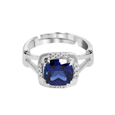 CLARA 925 Sterling Silver Royal Blue Cushion Ring with Adjustable Band | Rhodium Plated, Swiss Zirconia | Gift for Women & Girls