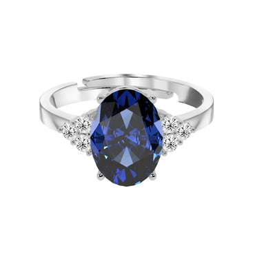 CLARA 925 Sterling Silver Royal Blue Oval Ring with Adjustable Band | Rhodium Plated, Swiss Zirconia | Gift for Women & Girls