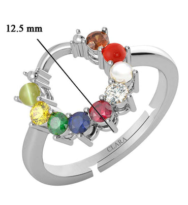 Clara 92.5 Sterling Silver Natural Certified Navratna Stone 9 gems Adjustable Ring for Women and Girls